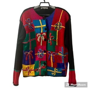 Arriviste Red Green Multicolor Holiday Presents Christmas Cardigan Sweater Sz XL